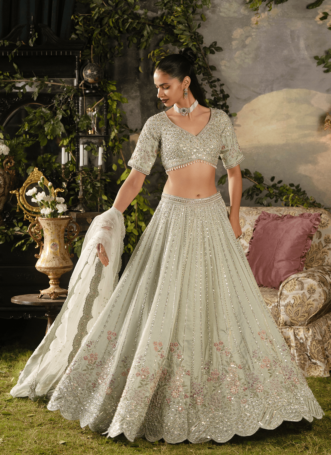 Light Dusty Green Embroidered Tissue Lehenga