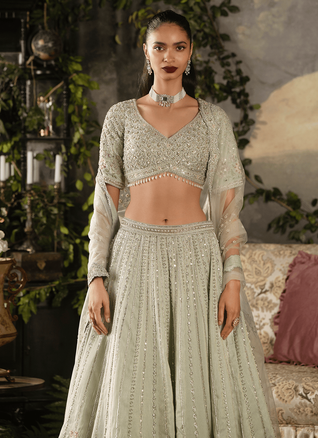Light Dusty Green Embroidered Tissue Lehenga