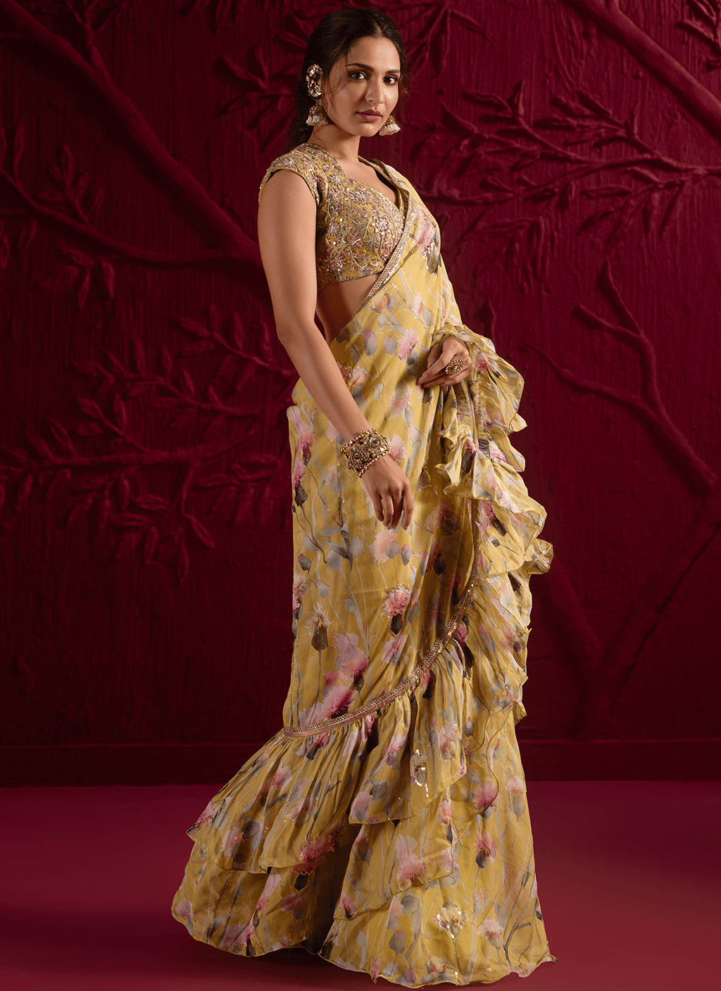 Light Dusty Green Floral Embroidered Organza Saree