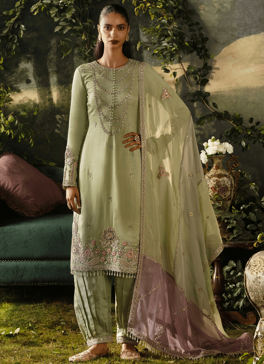 Light Green Embroidered Viscose Silk Salwar Suit