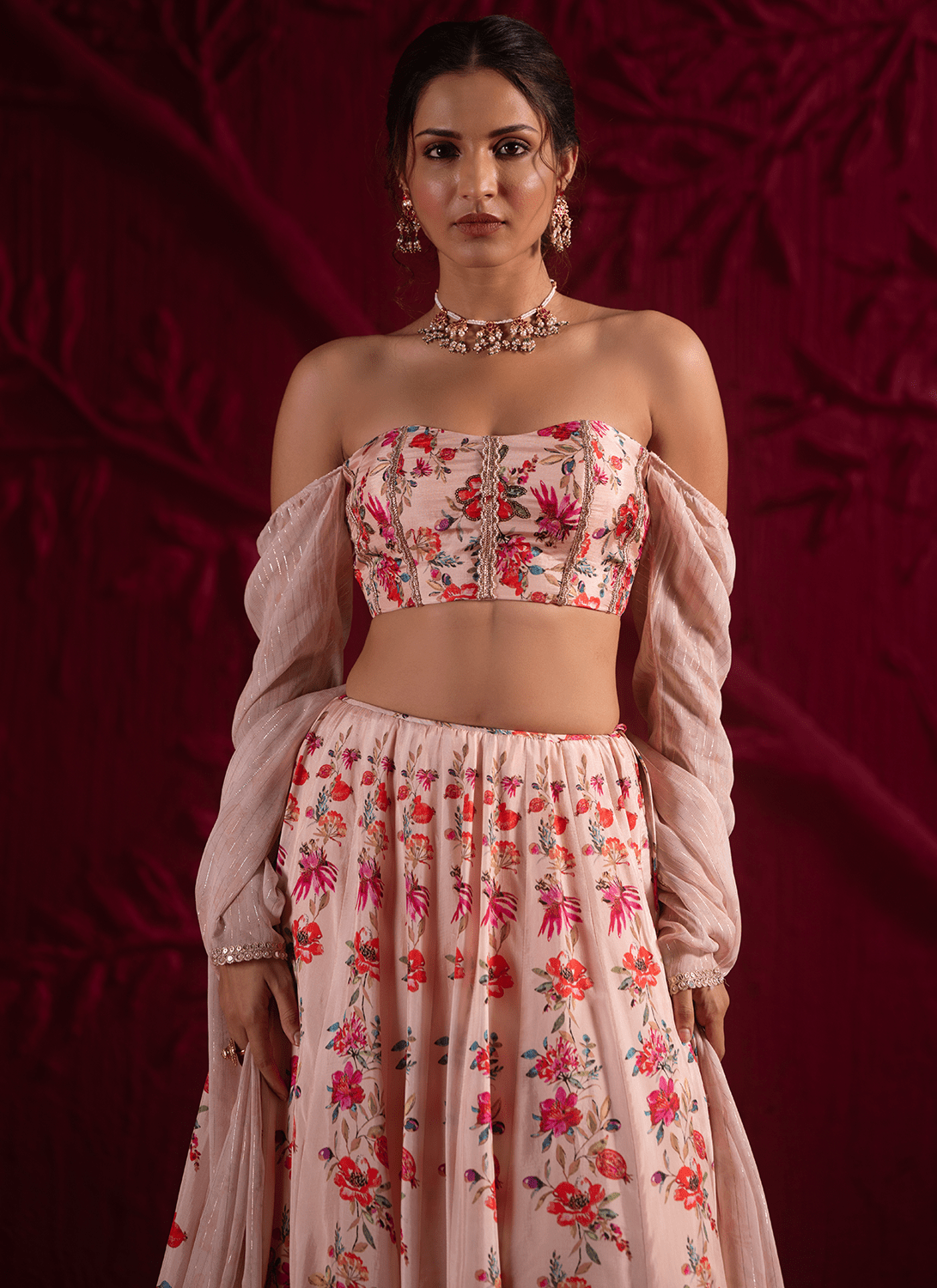 Light Peach Floral Embroidered Crepe Silk Lehenga