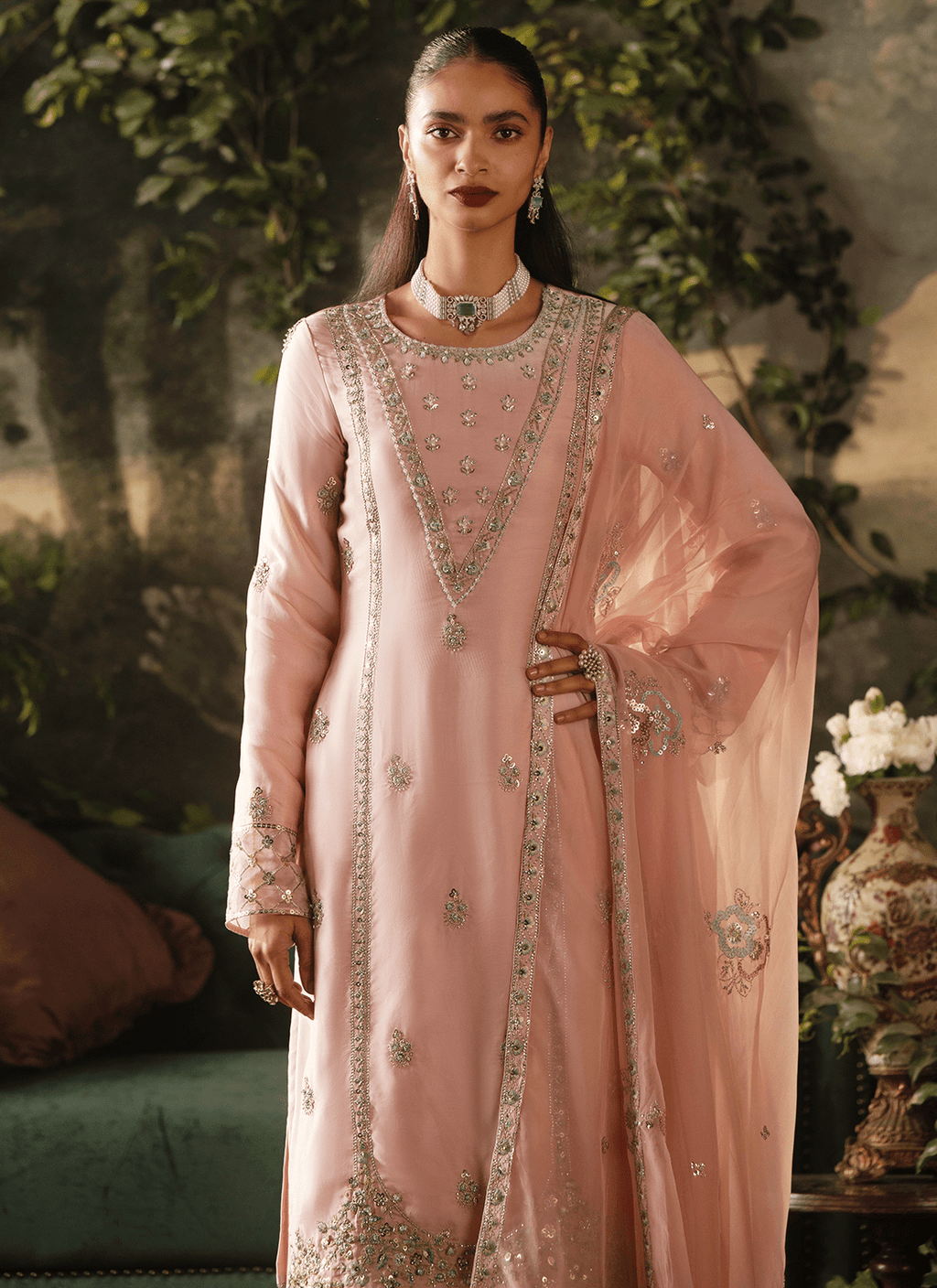 Light Pink Embroidered Crepe Palazzo Suit