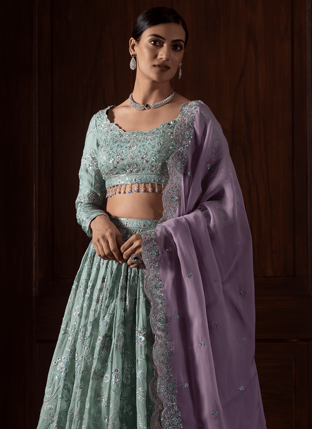 Mint Green Embroidered Viscose Organza Lehenga
