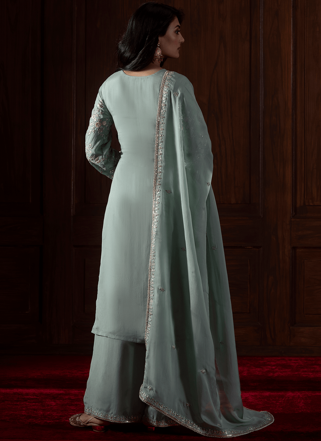 Mint Green Embroidered Viscose Organza Palazzo