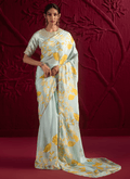 Mint Green Floral Embroidered Crepe Silk Saree