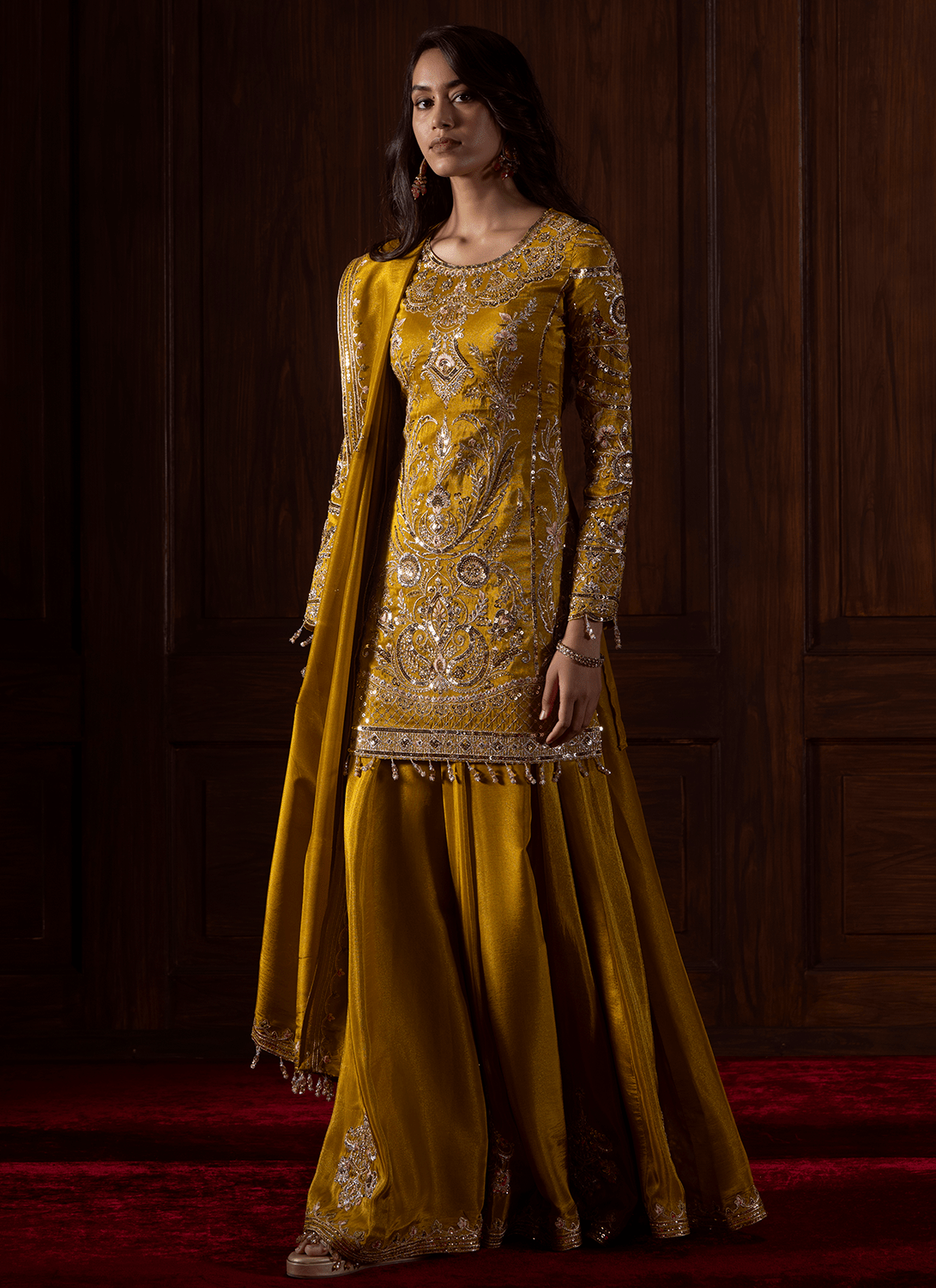 Mustard Embroidered Tissue Organza Sharara