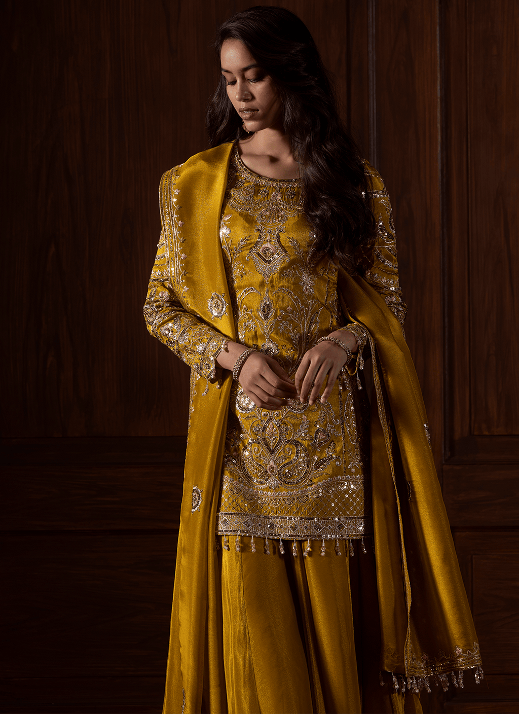 Mustard Embroidered Tissue Organza Sharara
