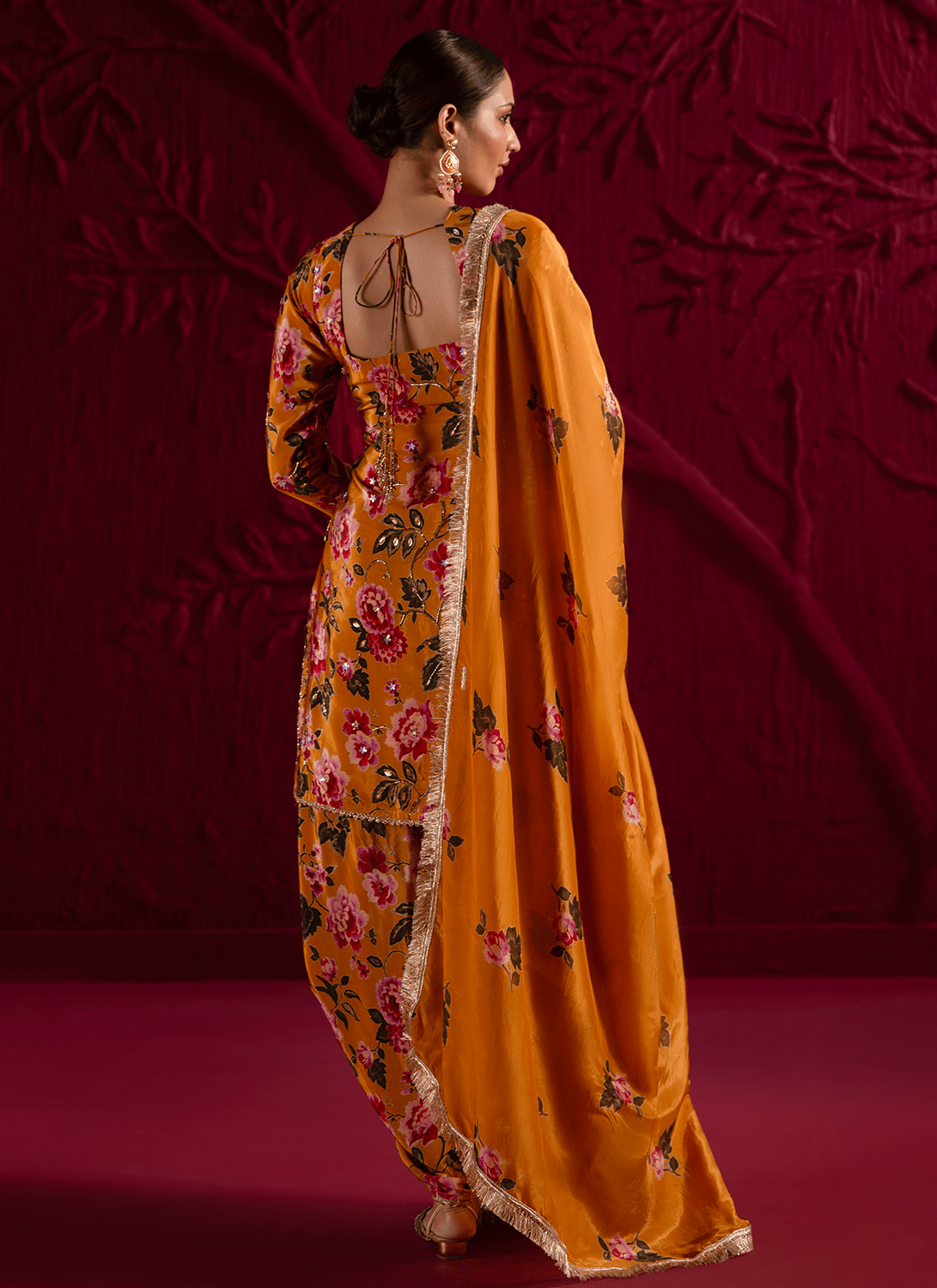 Mustard Floral Embroidered Crepe Punjabi Suit