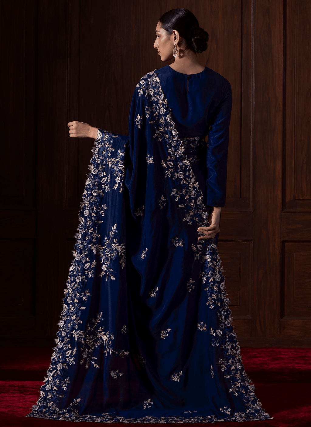 Navy Blue Embroidered Muslin Saree