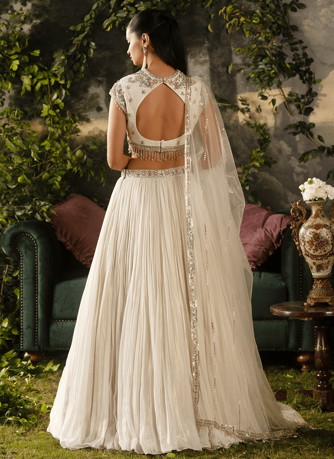 Off White Embroidered Georgette Lehenga