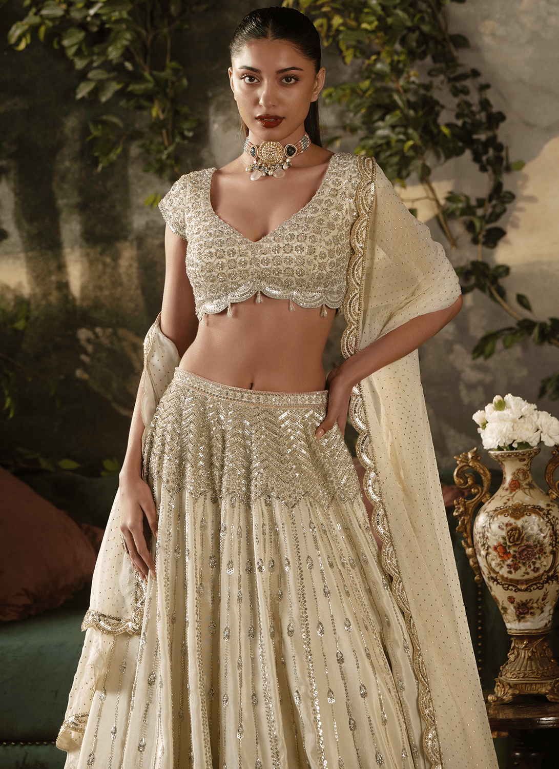 Off White Embroidered Tissue Lehenga