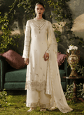 Off White Embroidered Viscose Satin Organza Straight Suit