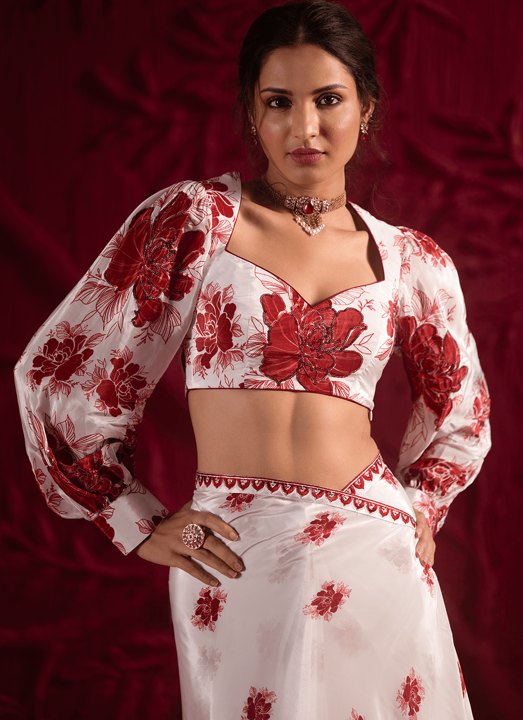 Off White Floral Embroidered Crepe Silk Saree