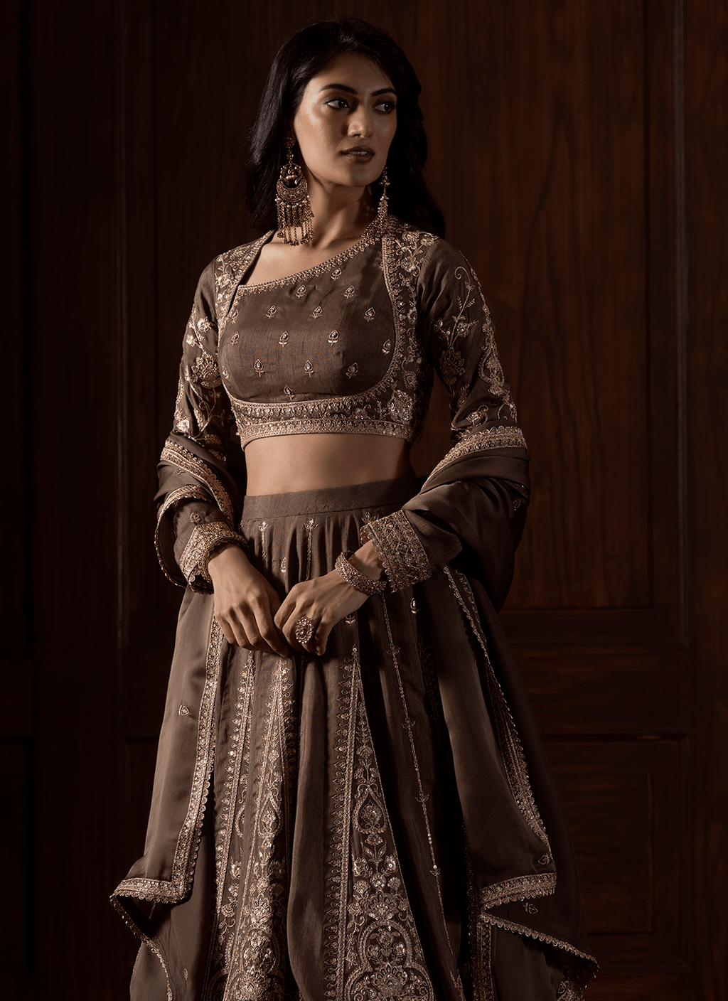 Olive Brown Embroidered Silk Lehenga