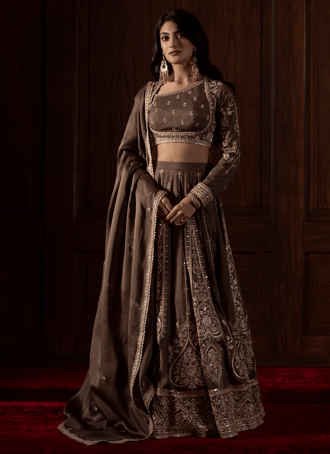 Olive Brown Embroidered Silk Lehenga