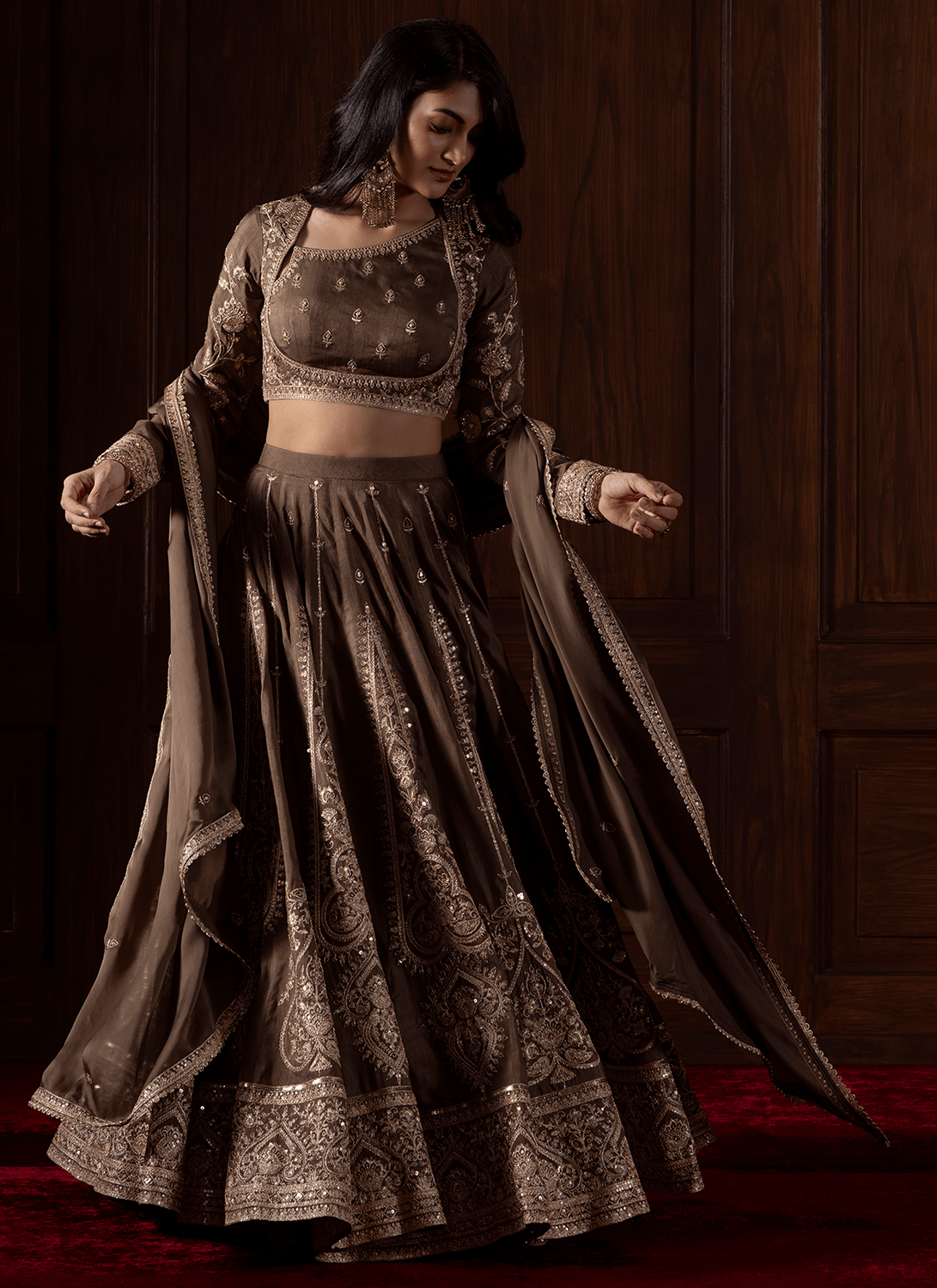 Olive Brown Embroidered Silk Lehenga