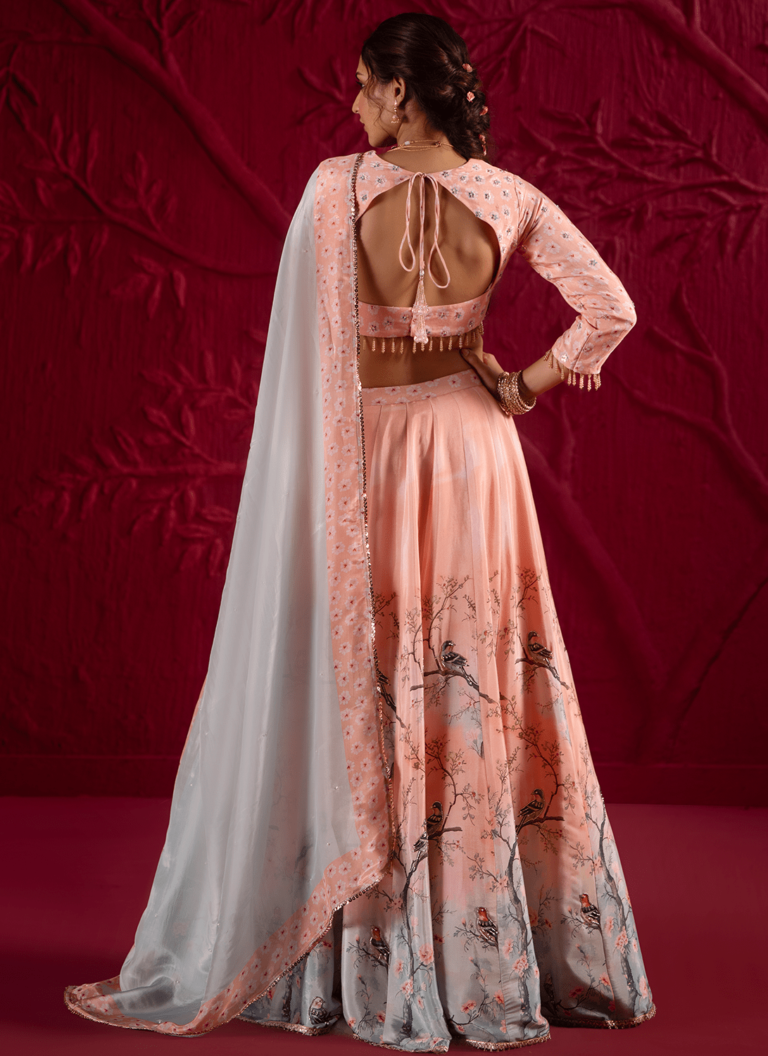 Peach Floral Embroidered Crepe Silk Lehenga