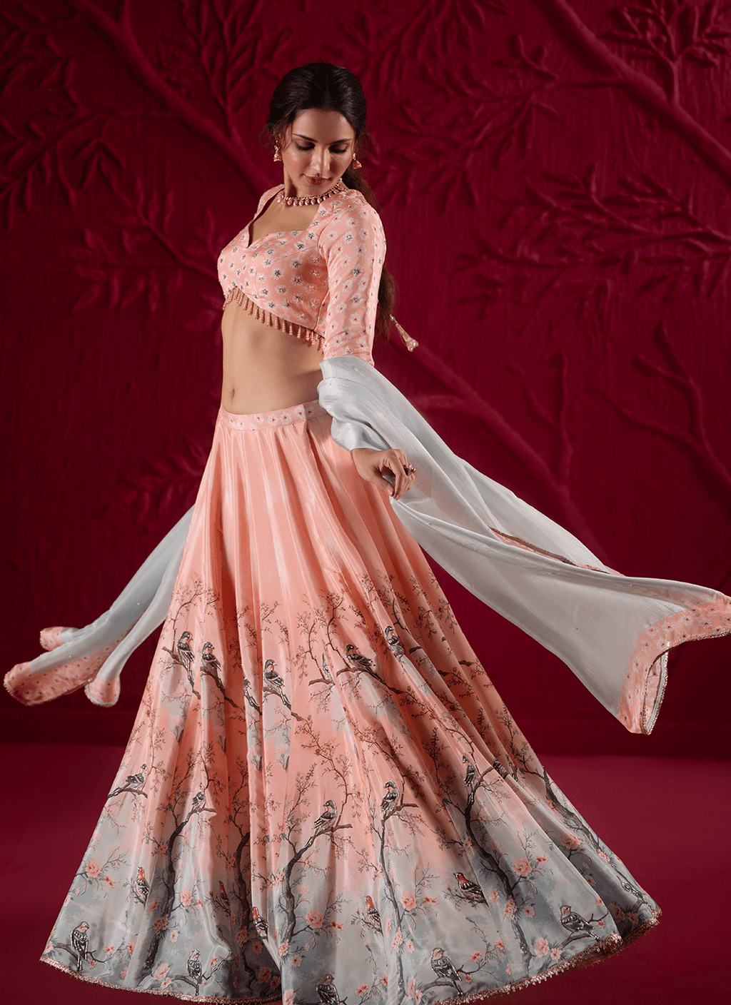 Peach Floral Embroidered Crepe Silk Lehenga