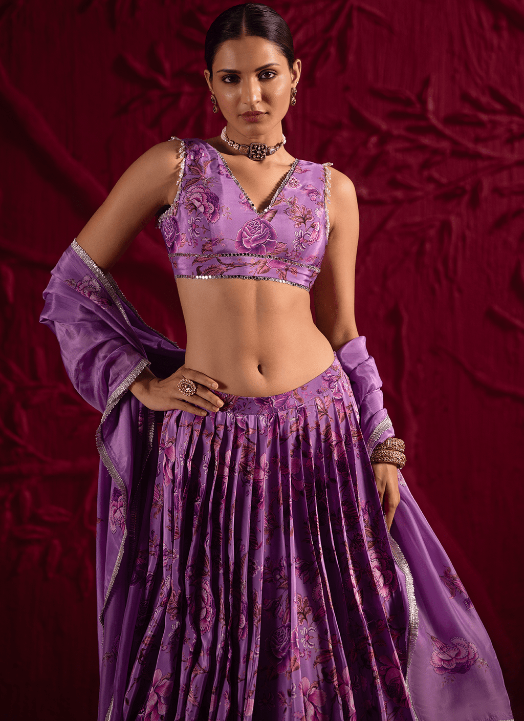 Purple Floral Embroidered Crepe Silk Lehenga