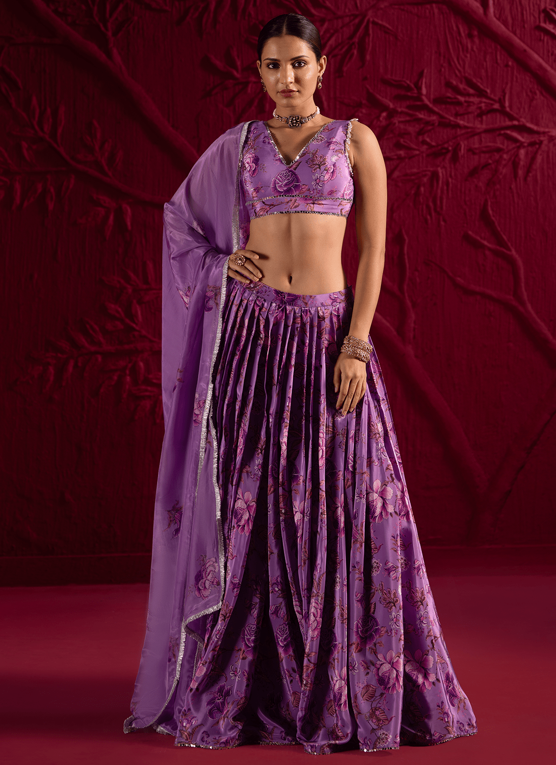 Purple Floral Embroidered Crepe Silk Lehenga