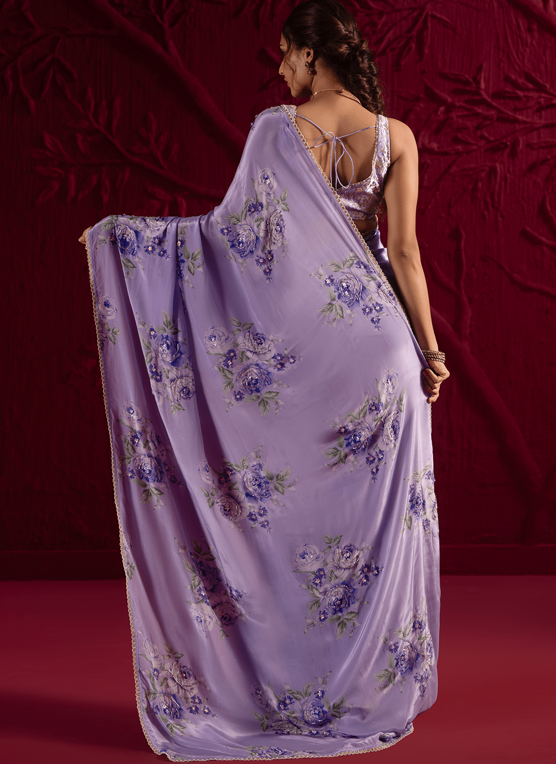 Purple Floral Embroidered Crepe Silk Saree