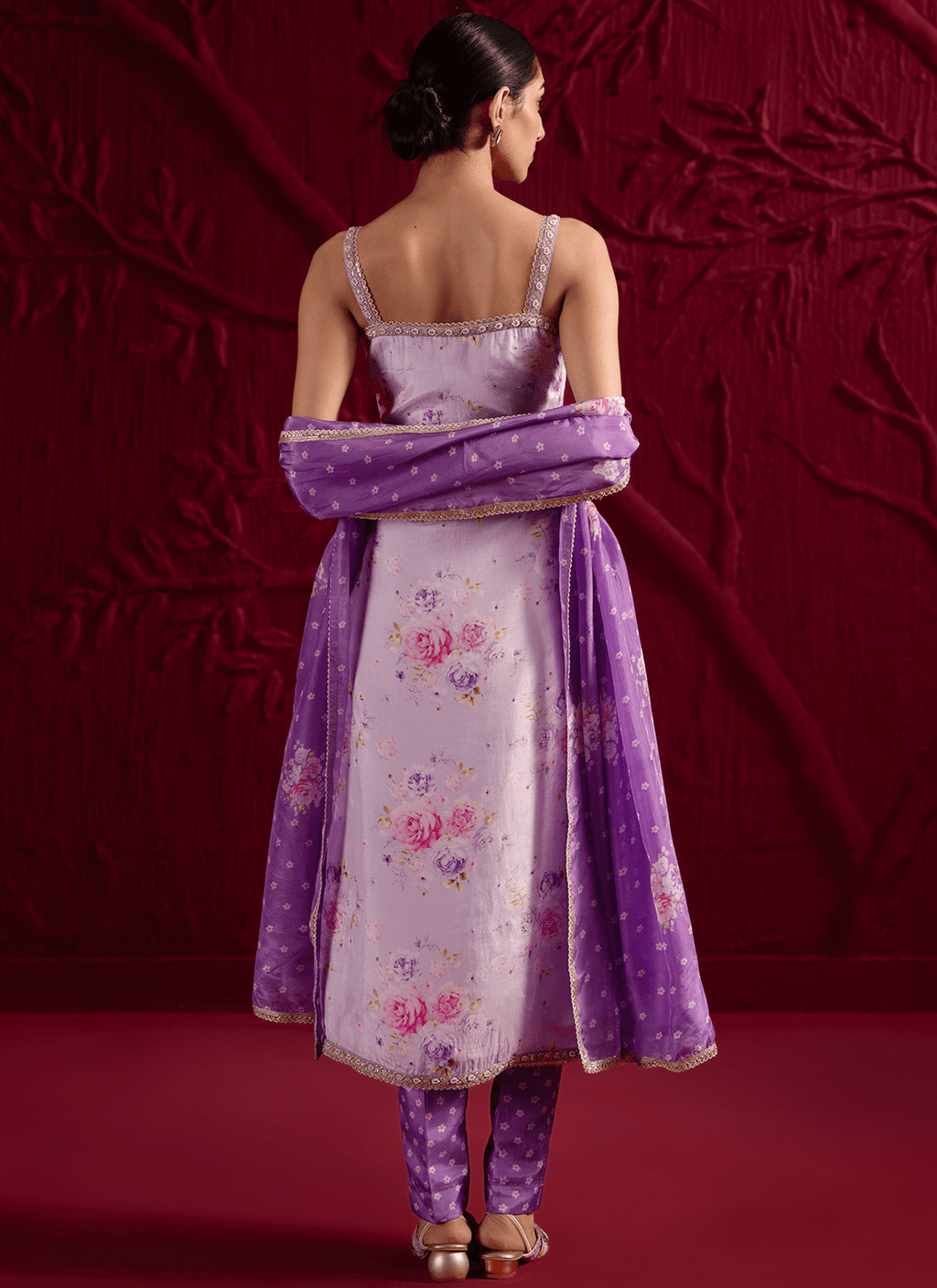 Purple Floral Embroidered Crepe Silk Straight Suit