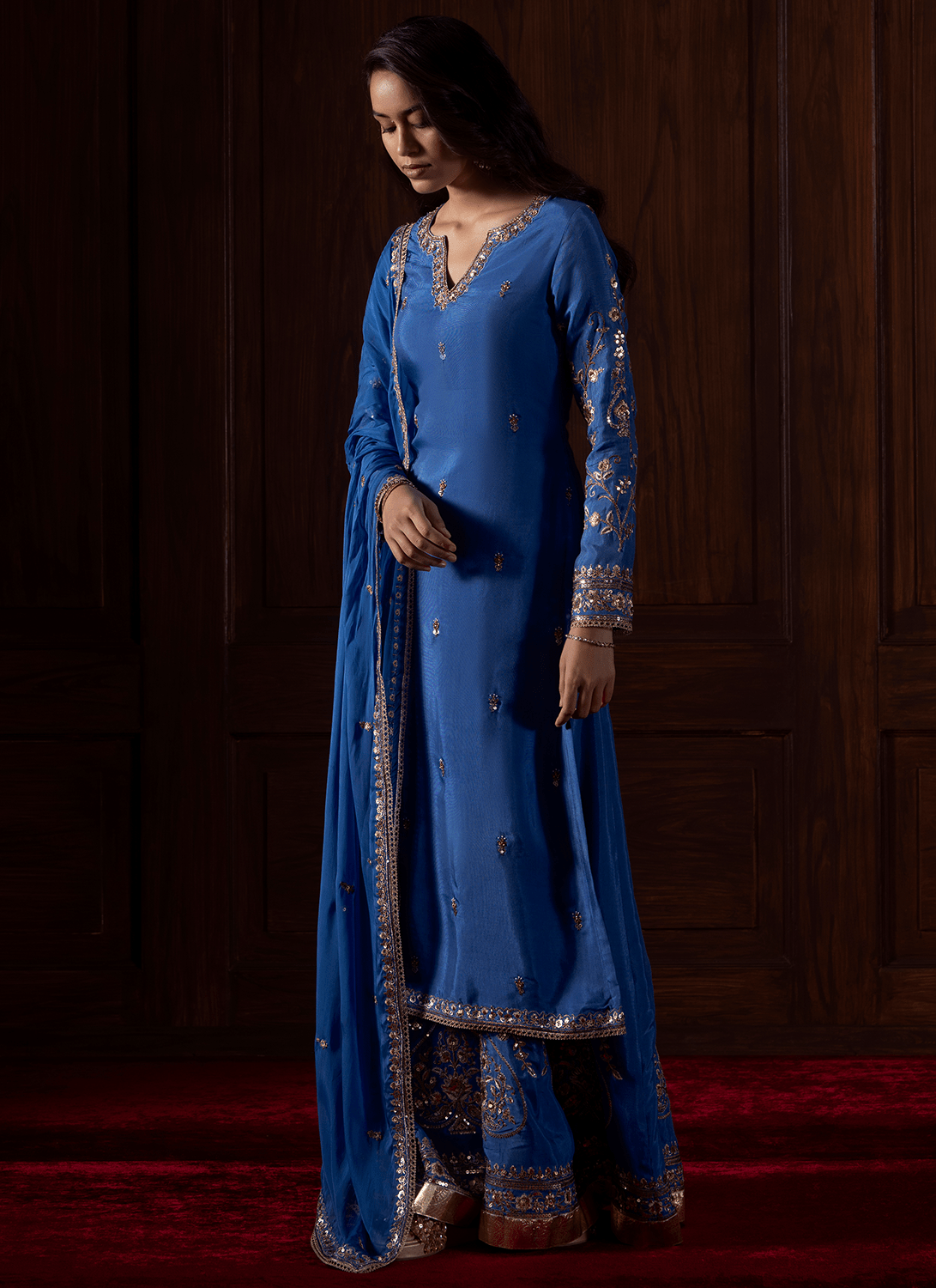 Royal Blue Embroidered Silk Sharara
