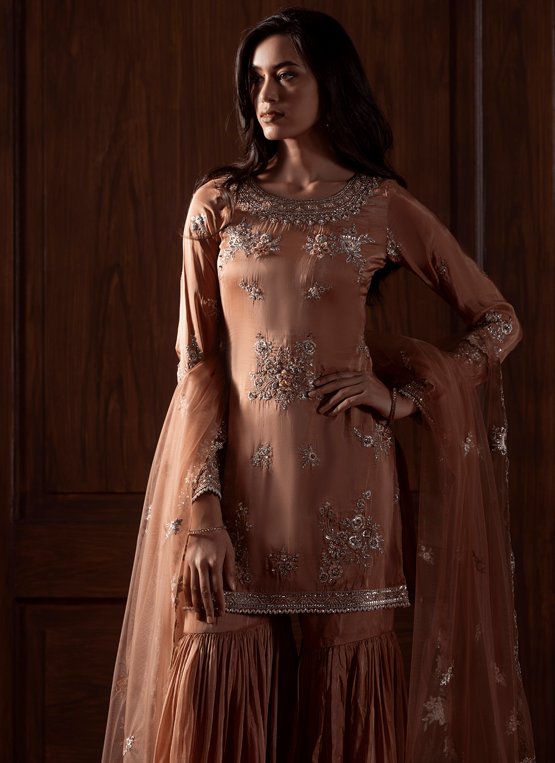 Rust Embroidered Silk Gharara
