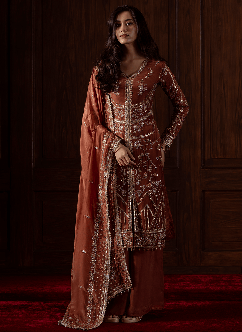 Rust Embroidered Silk Palazzo Suit