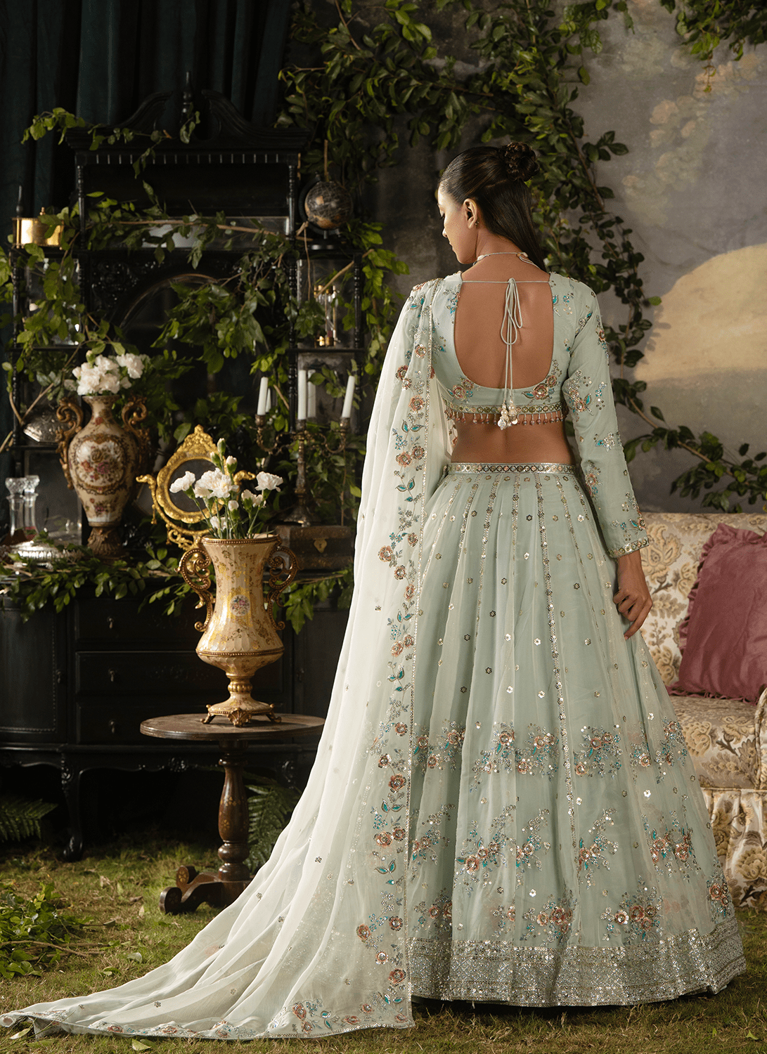 Sky Blue Embroidered Silk Lehenga