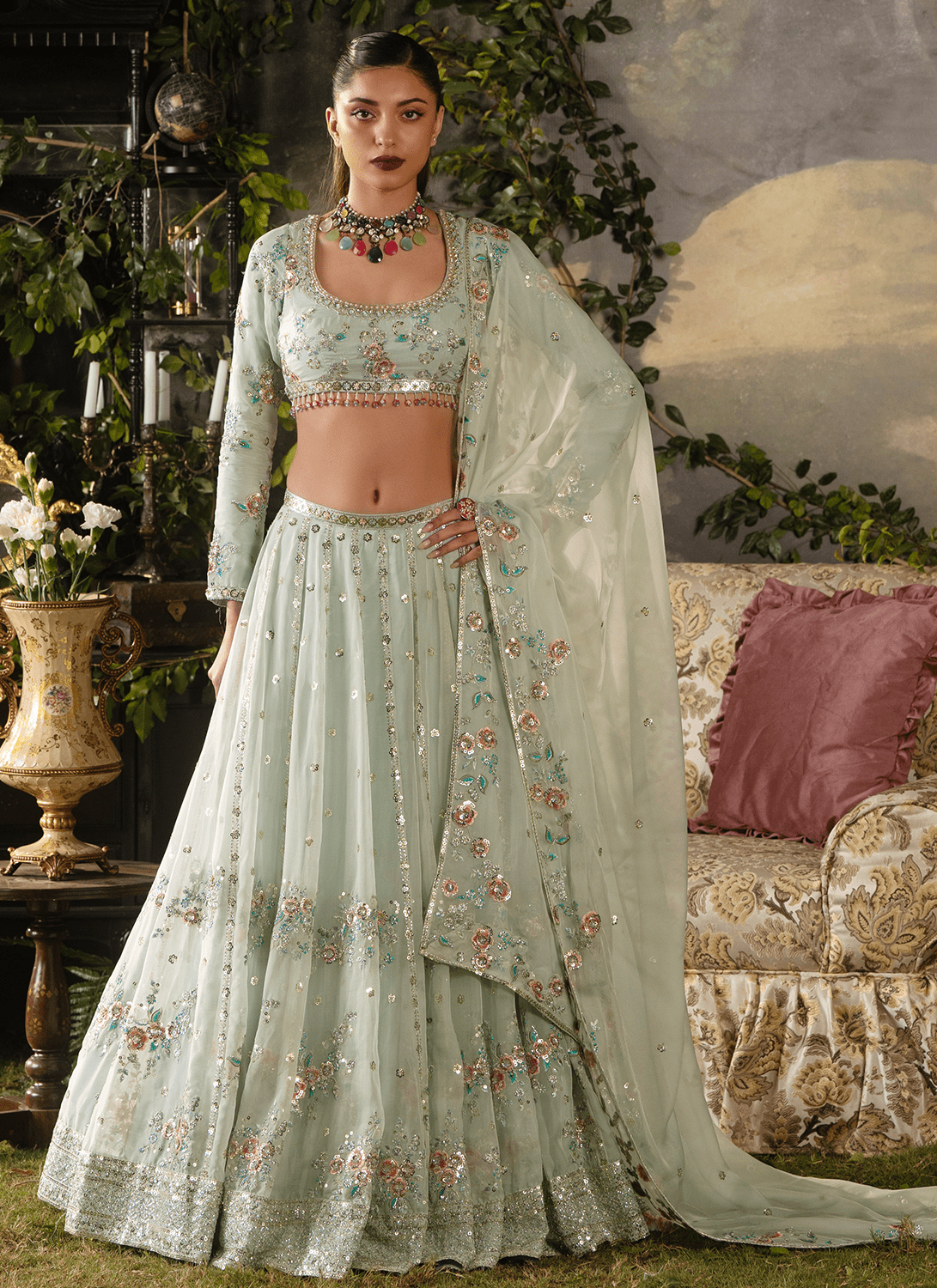 Sky Blue Embroidered Silk Lehenga