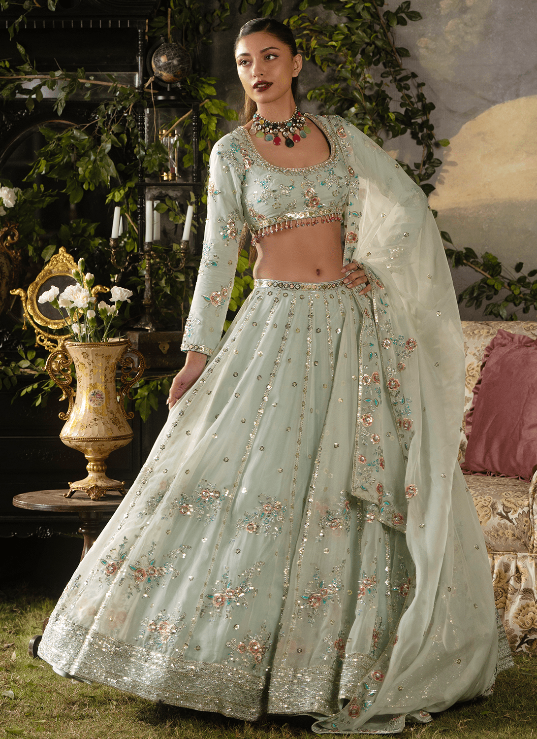 Sky Blue Embroidered Silk Lehenga