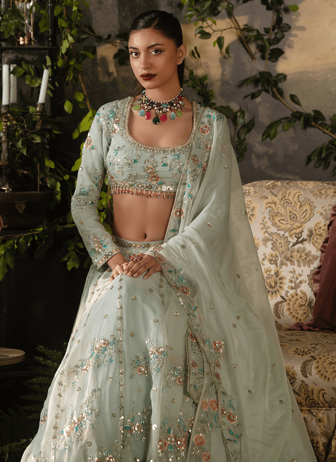 Sky Blue Embroidered Silk Lehenga