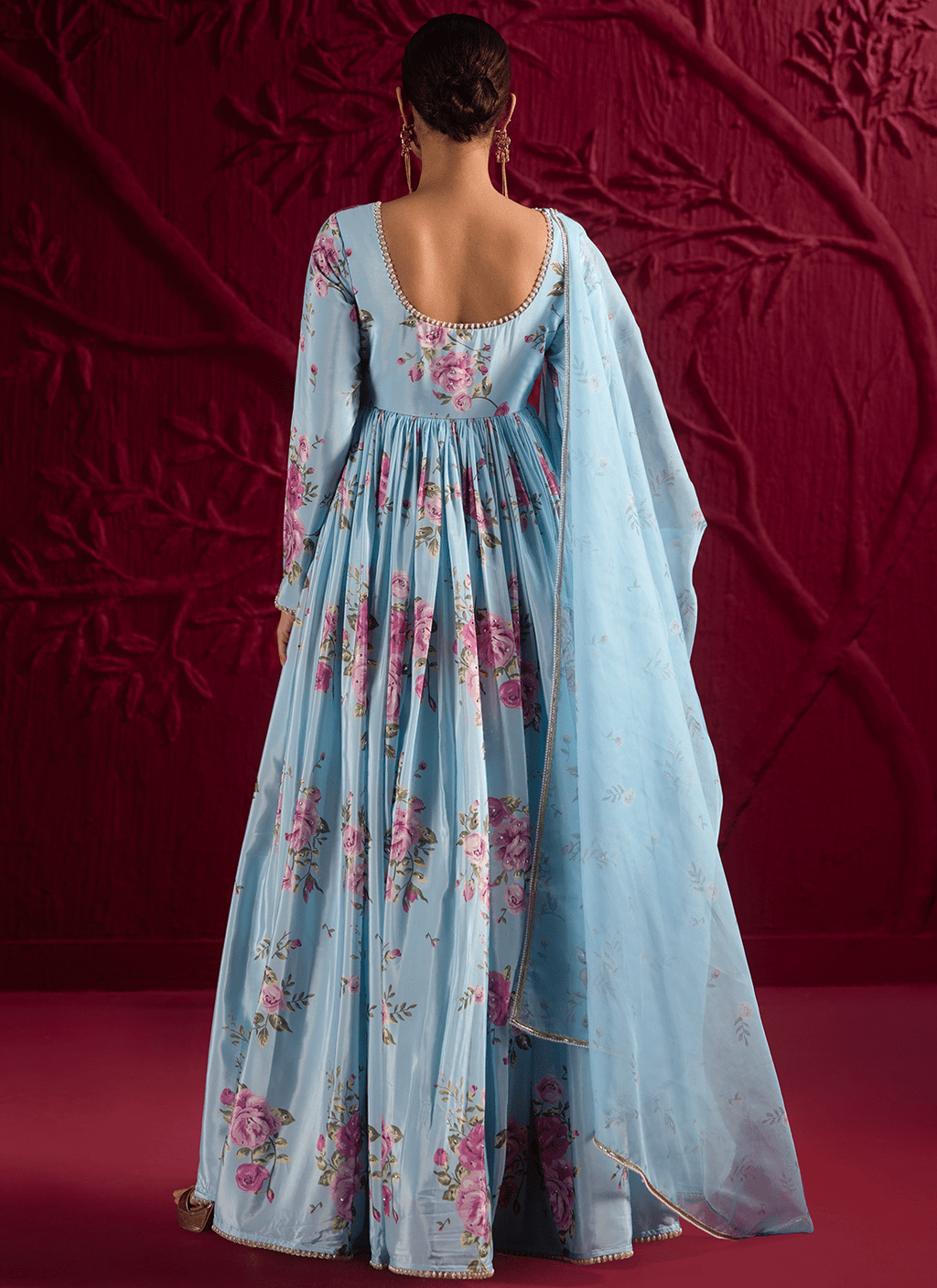 Sky Blue Floral Embroidered Crepe Anarkali