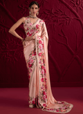 Soft Peach Floral Embroidered Satin Georgette Saree