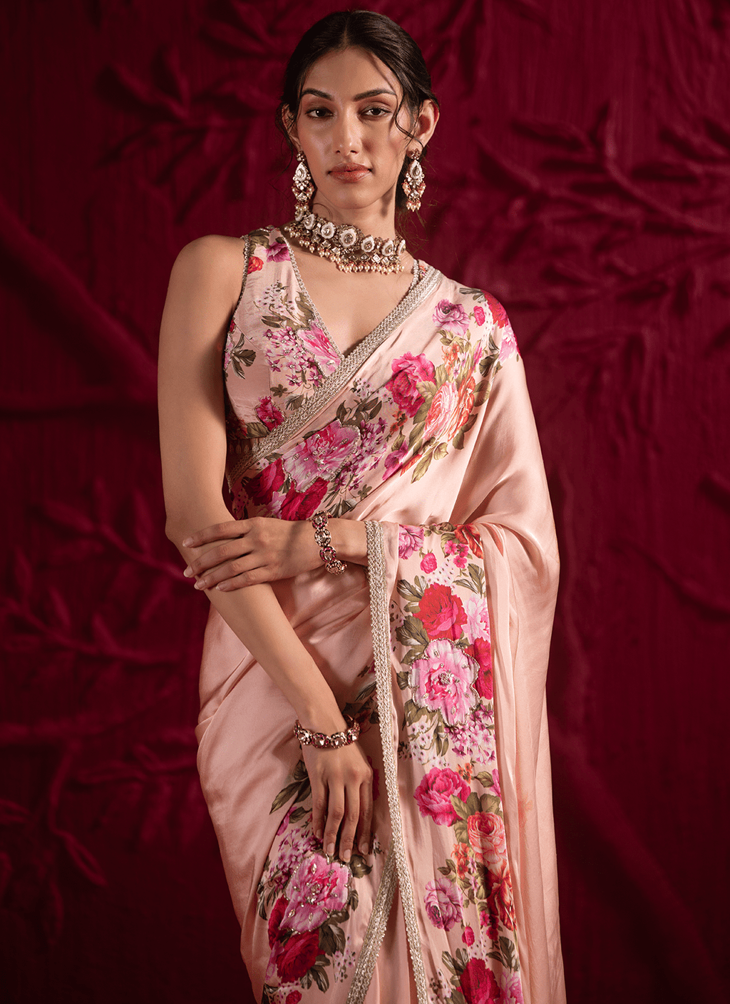 Soft Peach Floral Embroidered Satin Georgette Saree