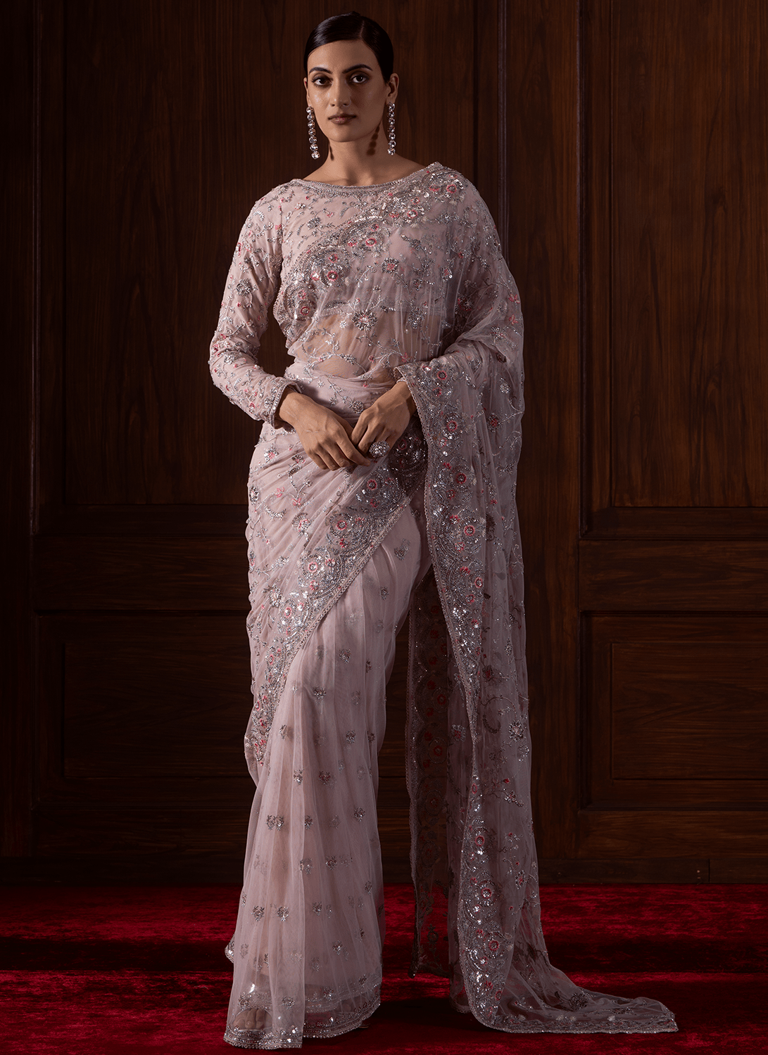 Soft Pink Embroidered Net Saree