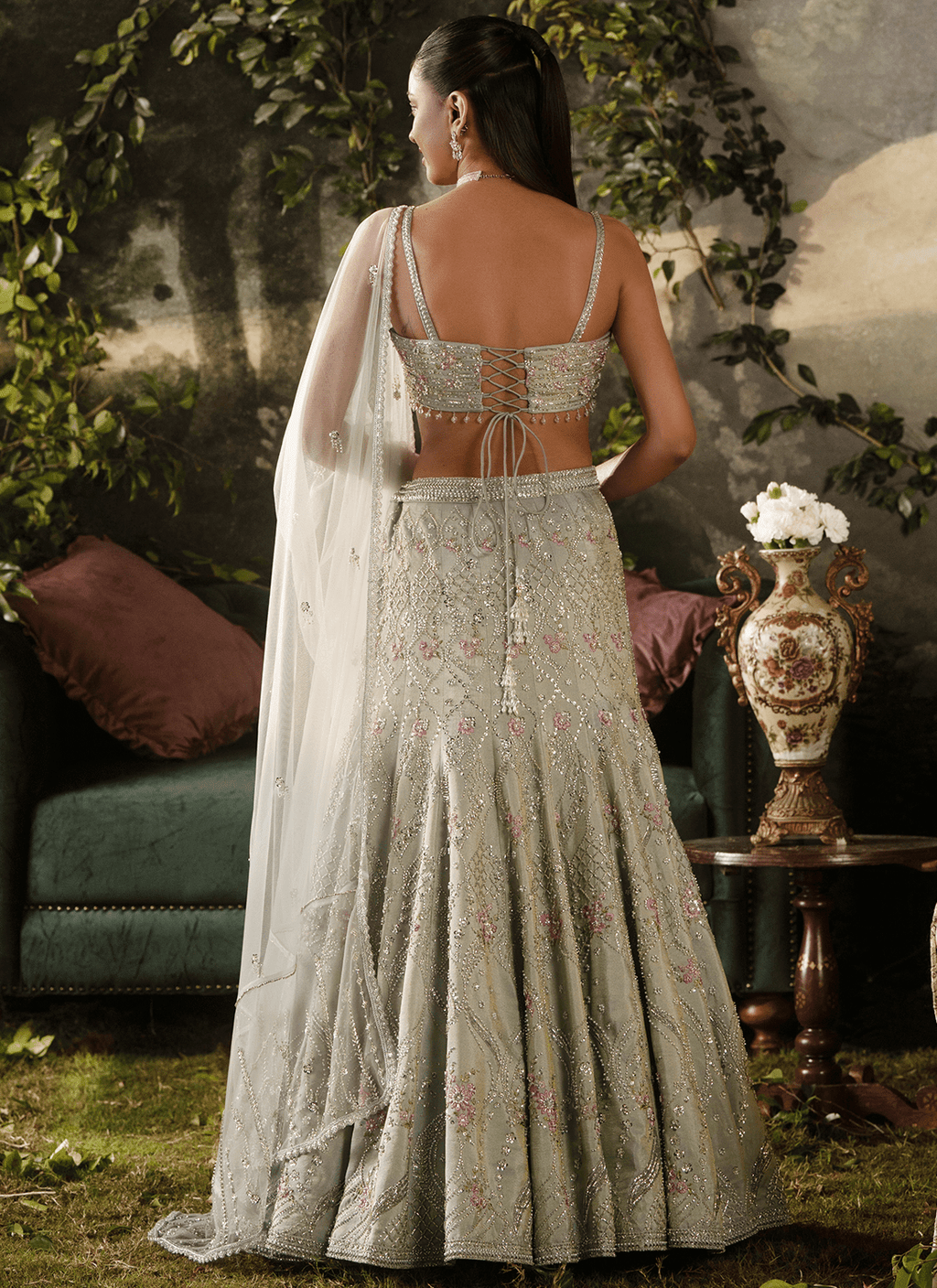Steel Grey Fishcut Embroidered Tissue Lehenga