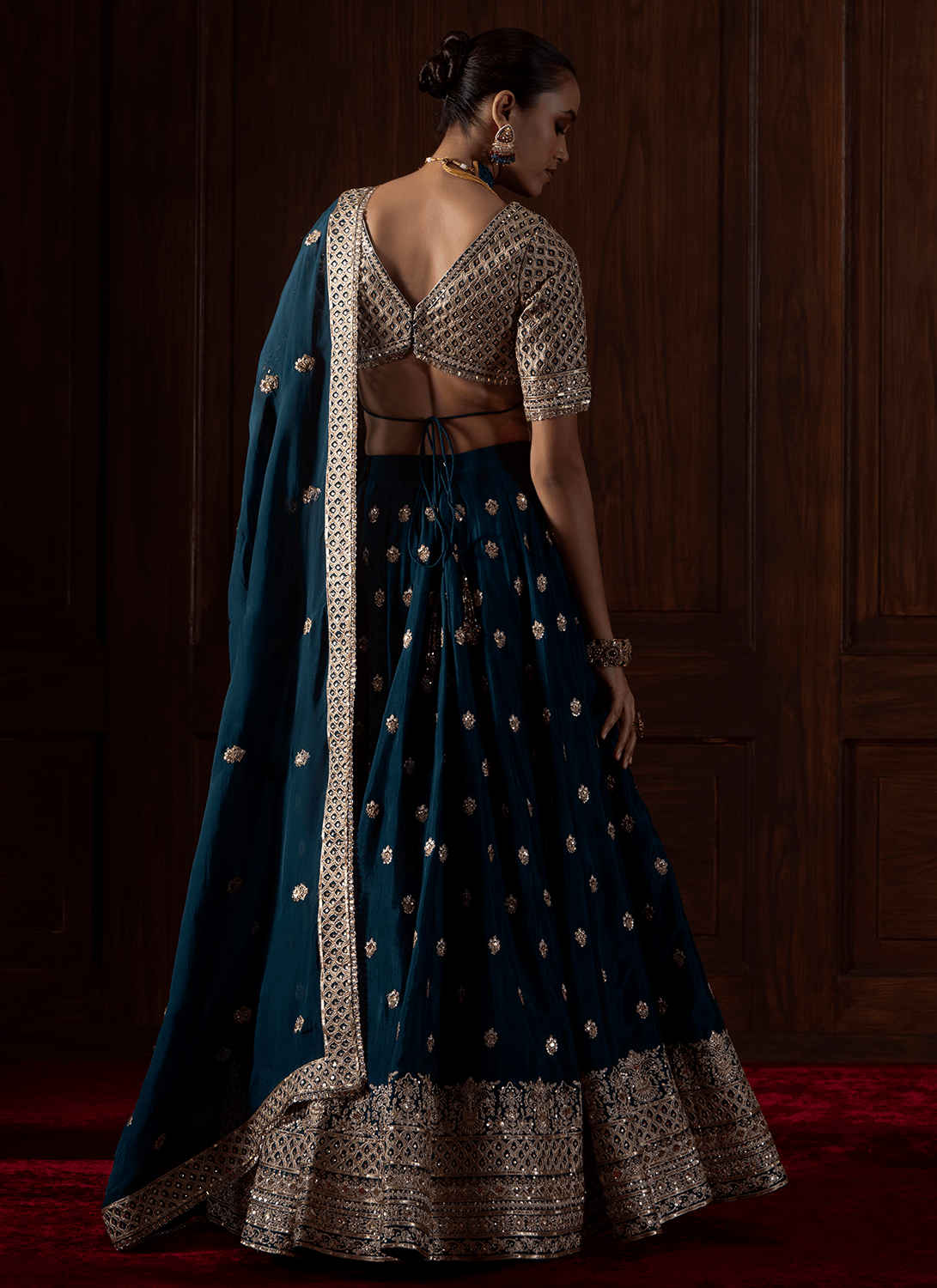 Teal Embroidered Silk Lehenga