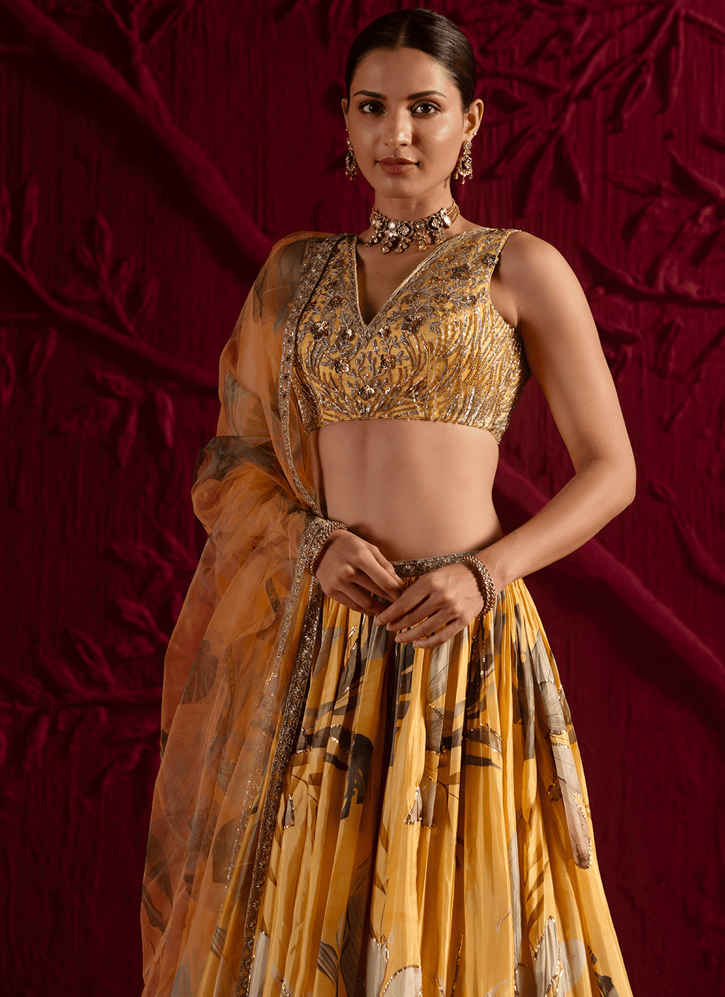 Yellow Floral Embroidered Viscose Satin Georgette Lehenga