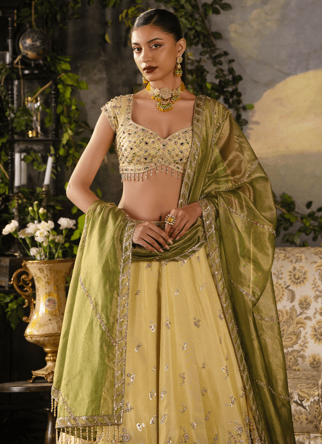 Yellow Gold Embroidered Tissue Lehenga
